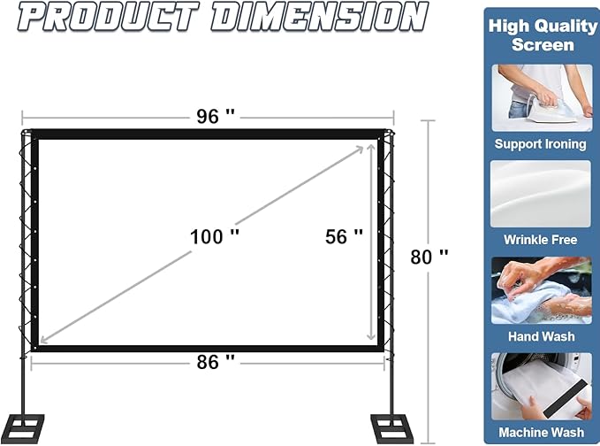 Queension 100 inch Outdoor Projector Screen with Stand, Portable Projector Screen 16:9 HD 4K, Movies Screen with Carry Bag for Outside Backyard, Indoor Wrinkle-Free Screen for Home Theater