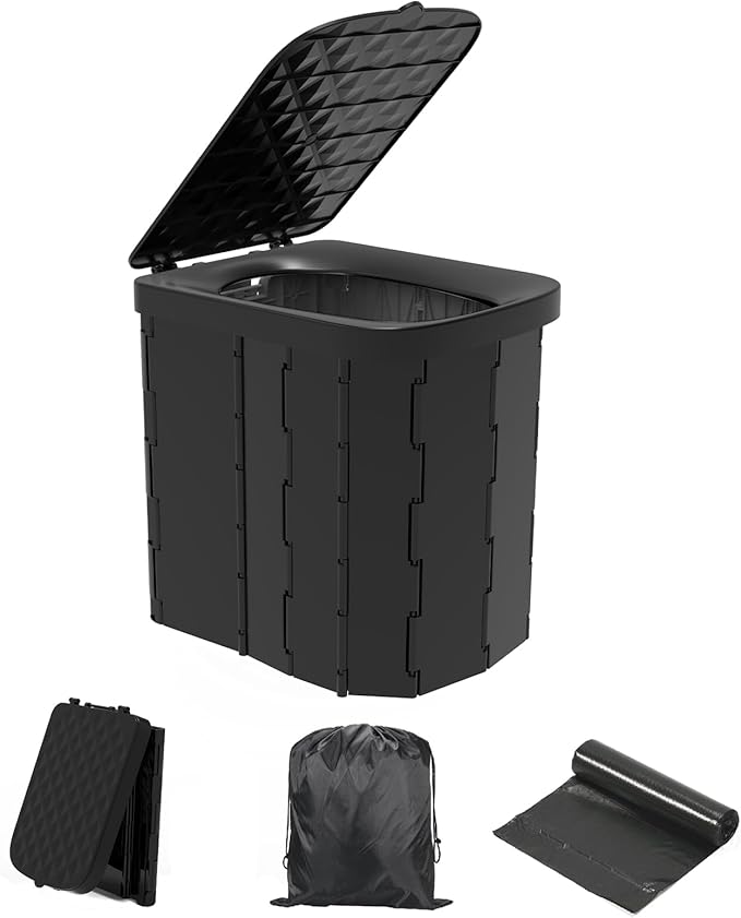 Hapoon XL Portable Folding Toilet with Lid - Travel Portable Potty for Adults, 12 Toilet Bags, 12 Pack Liquid Waste Gel