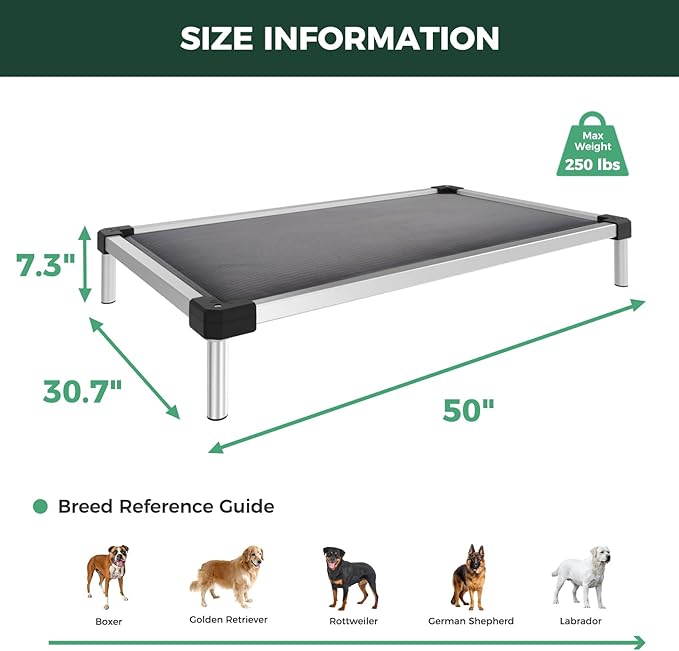 FXW TitanNest Chew-Proof Elevated Dog Bed, Raised Cot for Indoor/Outdoor/Camping Use, Durable & Washable Padded Pet Bed for Large Dogs, 50.0" L x 31.0" W x 7.3" H, Gray