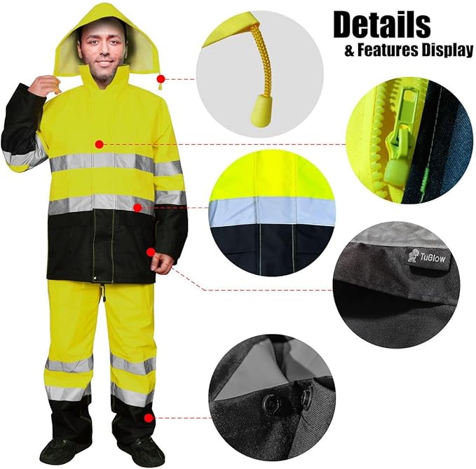 Men's Hi Vis Rain Jacket, Class 3 High Visibility Rain Gear for Men and Women, Waterproof Rain Suits, Internal Mesh,Zipper