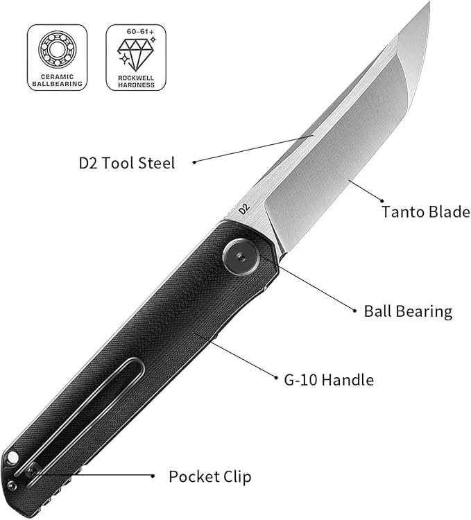 Miki Folding Knife, G10 Handle, EDC Knife with D2 Steel Blade, Pocket Samurai for Camping, Outdoor, Fishing and Everyday Carry