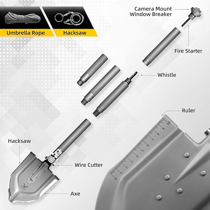 Zune Lotoo Survival Shovel Military Grade High Carbon Steel, 18 in 1 Multifunctional Folding Tactical Shovel Camping Gear for Men Outdoor Hiking Backpacking Off-Road Spade Emergency