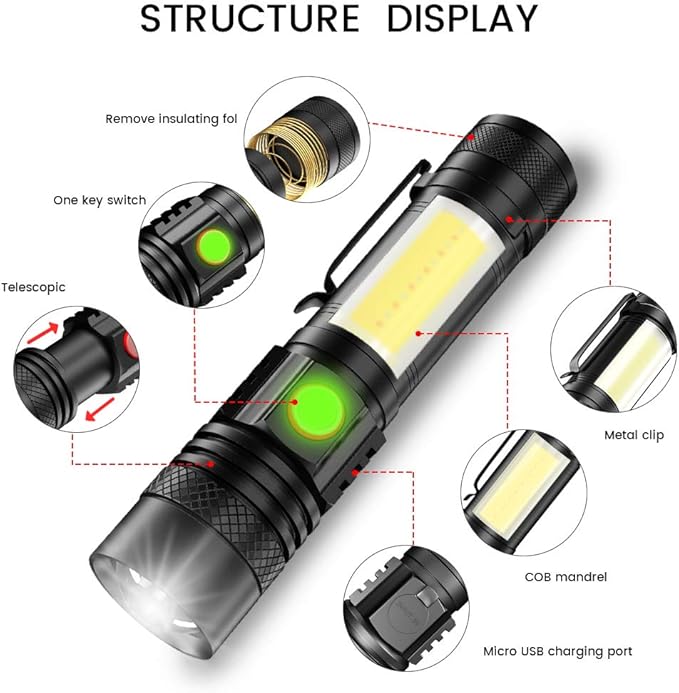 Rechargeable Flashlight, Magnetic LED Flashlight 【Battery Not Included】with COB Work Light, Pocket Tactical Flashlights with 6 Modes,1000 Lumens Super Bright,Waterproof,Zoomable,for Camping,Emergency