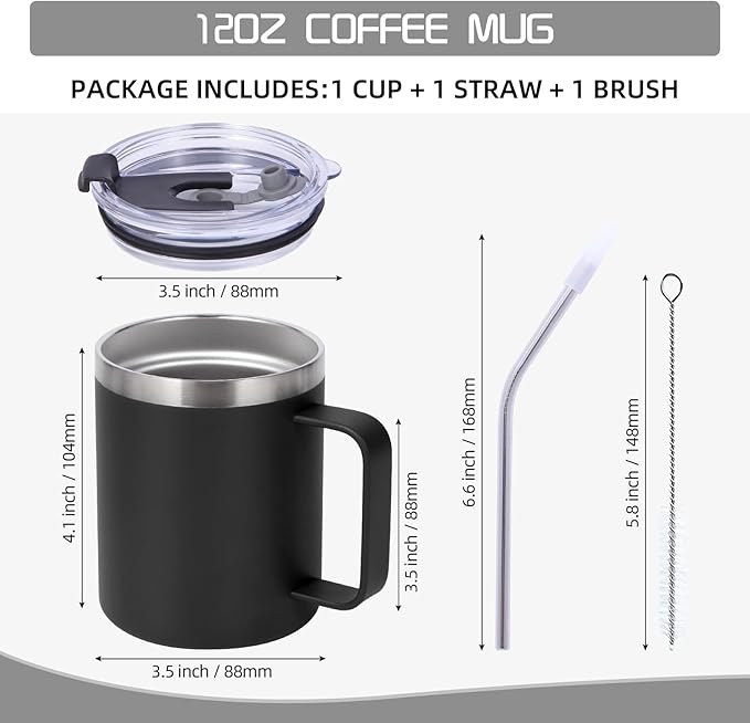 Volhoply 12oz Insulated Leakproof Coffee Mug with Flip & Straw Lid Bulk 8 Pack,Double Wall Vacuum Stainless Steel Travel Tumbler Cup with Handle,Reusable Camping Mugs Keep Cold(Assort color,8 Set)