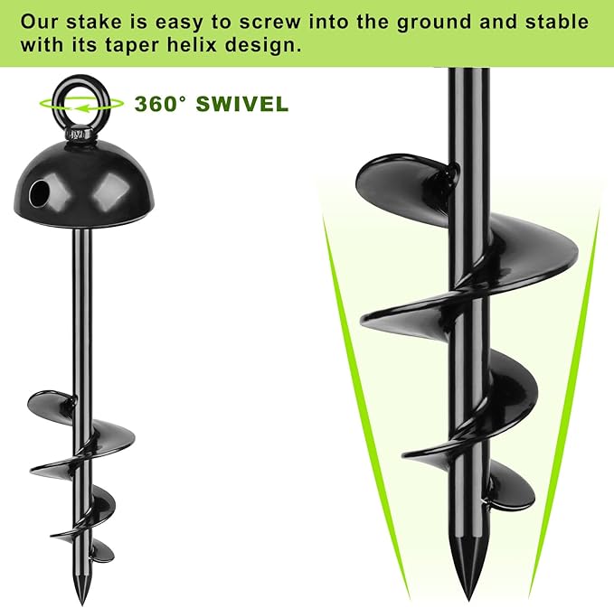 Heavy Duty 15" Dog Tie Out Stake, 360° Swivel, No Tangle, Easy Install, for Large Dogs up to 220lbs, Perfect for Yard, Camping, Beach (Black)
