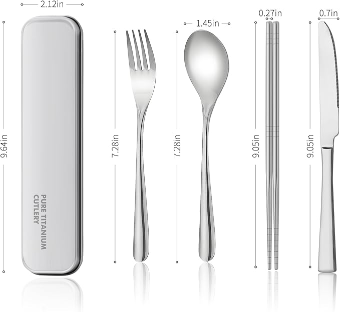 titanium tableware set, travel tableware with box, including titanium fork, knife, chopsticks and spoon, packed in a suitcase, portable design, suitable for school, work, picnic, camping use