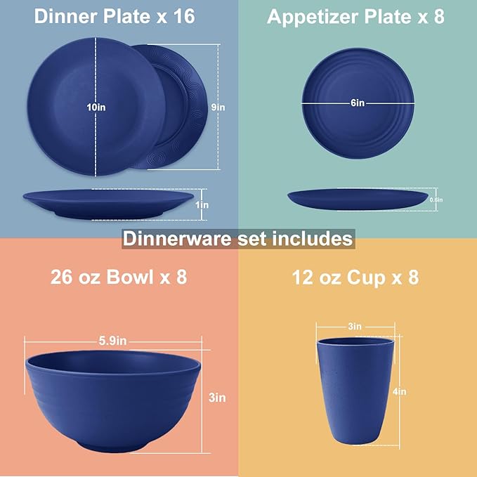 40 Pieces Wheat Straw Dinnerware Sets Service for 8, Plates and Bowls Sets, Dinner Plates, Cereal Bowls and Drinking Cups, Unbreakable and Reusable Plastic Dinnerware Sets (Dark Blue)