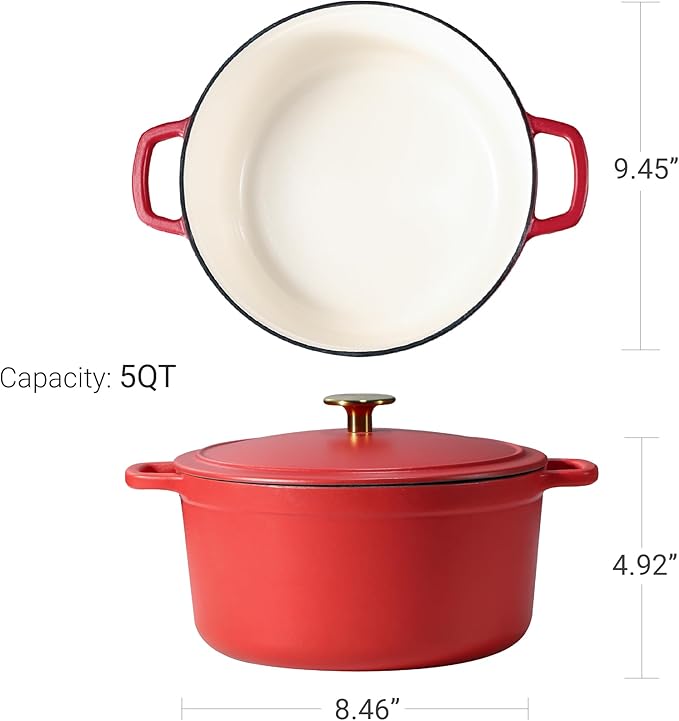 CAROTE Enameled Cast Iron Dutch Oven Pot with Lid, Enameled Dutch Oven for Sourdough Bread Baking, Braising, Stews, Dual Handles, Heavy-Duty Cast Iron Pot, 5QT, Red