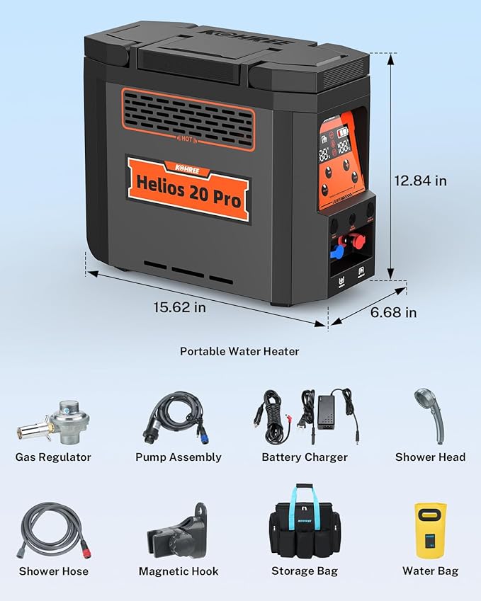 Kohree Helios 20 Pro, Portable Water Heater, 20,000 BTU 4000mAh Rechargeable Battery, Shower Pump, Propane Water Heater for Outdoor Camping Cleaning