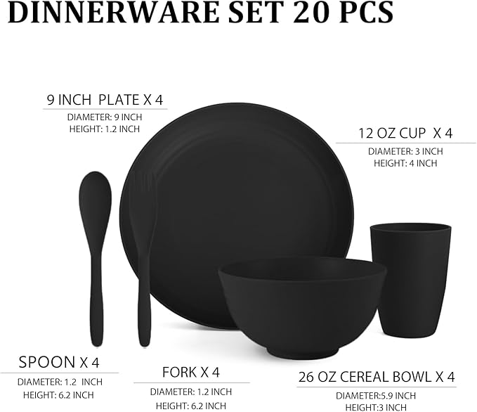 Wheat Straw Dinnerware Sets, Unbreakable Plates and Bowls Sets 20-Piece Service for 4,Plastic Outdoor Camping Dishes, Microwave & Dishwasher Safe - Black