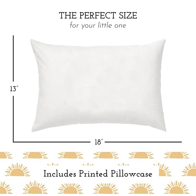 Little Sleepy Head Toddler Pillow with Pillowcase 13x18 - Kids Pillow for Sleeping - Better Neck Support Ergonomic Pillow and Toddler Pillowcase - Best Pillows for Kids (Sunshines)