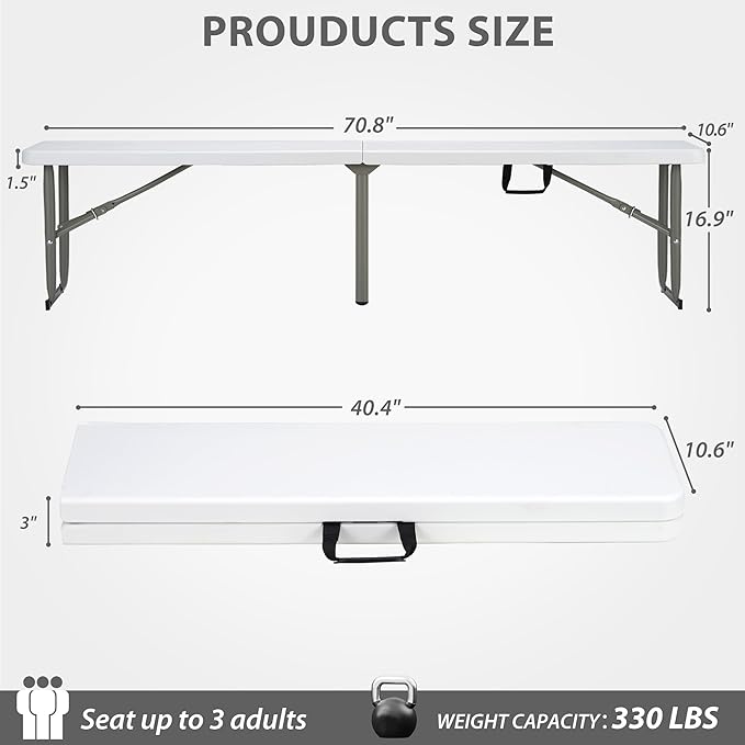 6ft Plastic Folding Bench with Carrying Handle & Lock, Portable Outdoor Bench in Garden Picnic Camping Dining Party Seat, Waterproof Bench for Soccer Activities, Firm and Durable(2 Pack A)