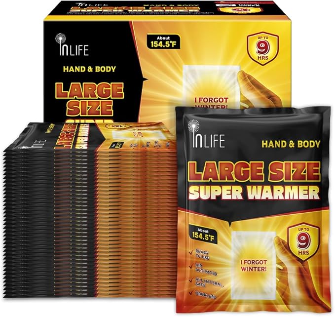 InLife Large Size Super Warmer for Hands and Body, All Natural & Safe, Bigger & Wider Area Covered, Higher Heating 145°F, Air Activated, Easy & Comfort, Steady Longer Lasting, Odorless, 40 Packs