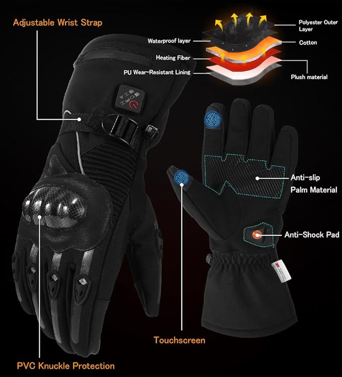 Heated Motorcycle Gloves for Men & Women - 7.4V 3000mAh Rechargeable Batteries, Electric, Touchscreen, Waterproof, Windproof, Non-Slip, Skiing, Cycling, Fishing