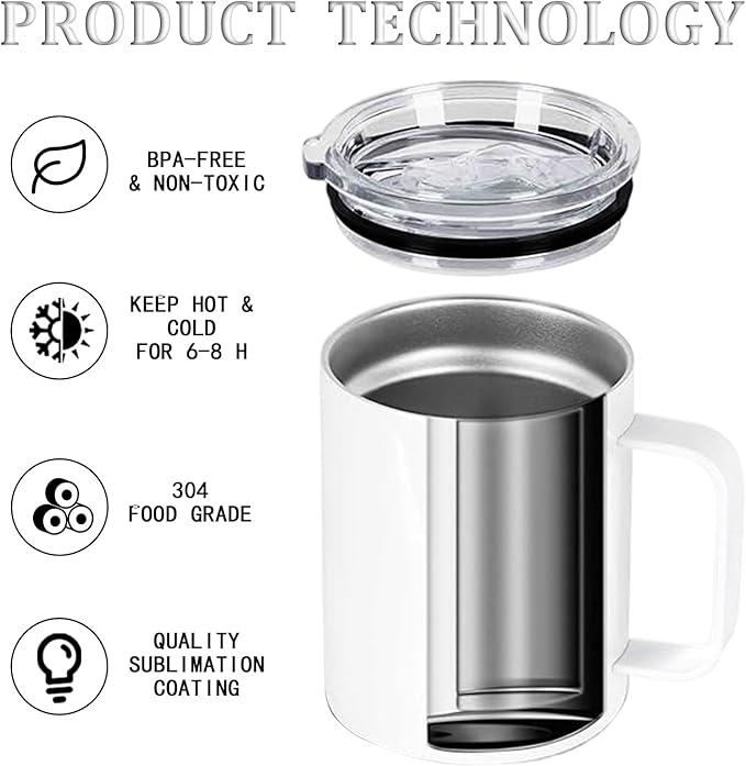 12OZ Sublimation Insulated Stainless Steel Coffee Mug with Lid Bulk 4 Pack,Double Wall Vacuum Travel Coffe Cup with Handle,Reusable Metal Thermos Tumbler,Camping Mugs Keep Hot