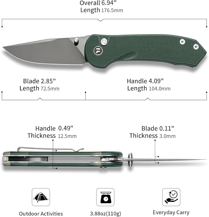 Button Lock Pocket Knife with 2.85 inch VG10 Steel Blade G10 Handle, Folding Knife for EDC,Green