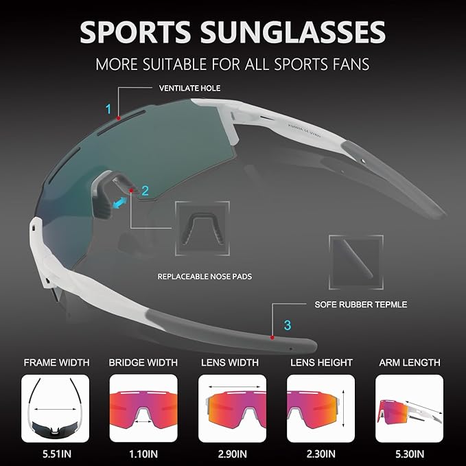 OULAIQI Cycling Sunglasses Polarized Sunglasses for Cycling Men Women with 1 Lens or 3 Interchangeable Lens Baseball Glasses