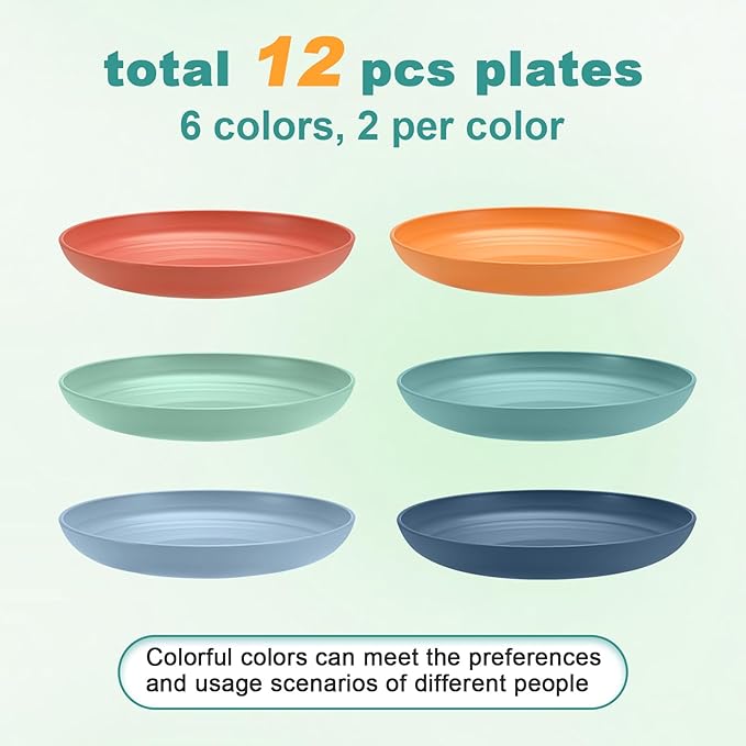 12 Pcs Unbreakable Deep Dessert Plates Set, 8 inch Reusable Plastic Wheat Straw Plates, Microwave and Dishwasher Safe Plate for Kitchen, Lightweight Plate for Dessert, BPA Free, 6 Colors