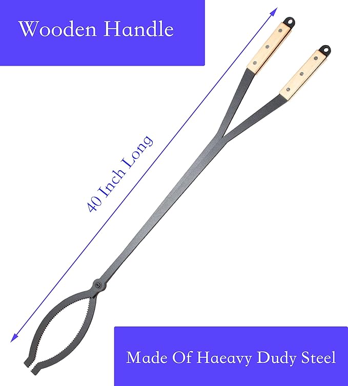 40" Fireplace Tongs Log Grabber Made Of Premium Heavy Duty Alloy Steel. Fire Tongs With Wood Handle Best For Fire Pit Fireplace Campfire Indoor & Outdoor. Upgraded Fire Pit Tools.