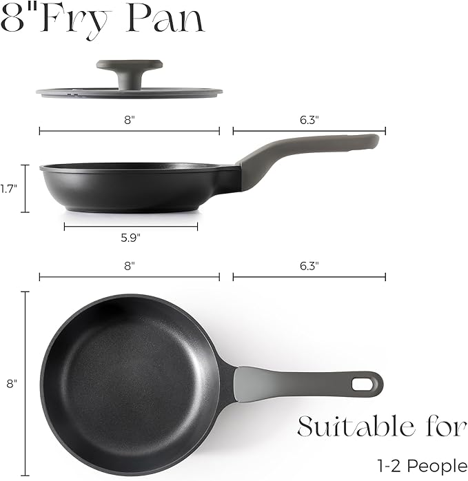 Nonstick Ceramic Frying Pan with Lid, 8/10 Inch Skillet with Stay Cool Handle, Fully Coated, Induction Compatible & Oven Safe, 100% Dishwasher Safe, PTFE & PFOA Free(8 Inch, Black Sesame)