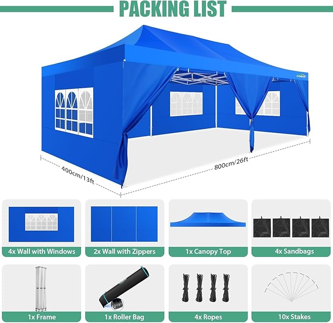 COBIZI 13x26 Pop Up Canopy with Sidewalls Heavy Duty Canopy Party Tent for Parties, Outdoor Wedding Large Event Tent Wind Waterproof UPF 50+ Ez Up in Garden Lawn with Roller Bag, Blue