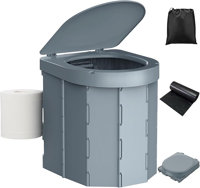 Portable Camping Toilet, Folding Toilet for Adults with Lid and Retractable Toilet Paper Holder, Waterproof Porta Potty with Carry Bag and Disposible Liners for Hiking, RV Travel, Road Trips,Dark Gray