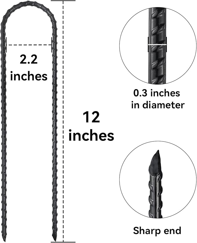 12-Inch Trampoline High Wind Stakes Heavy Duty Ground Anchors U Rebar Stakes for Trampoline, Dog Fence (24 Pack)