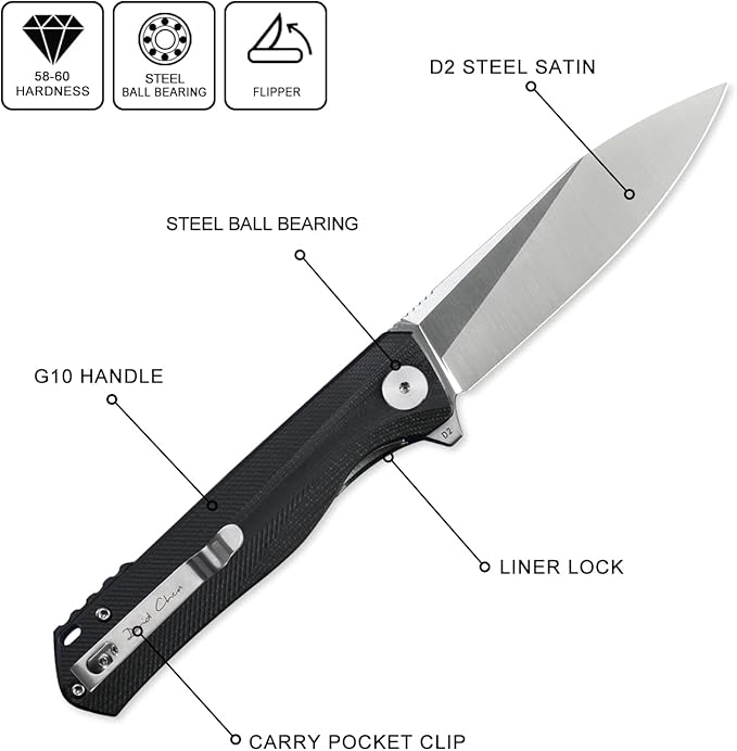 Petrified fish G10 handle D2 steel blade 2CR13 liner ball bearing flipper folding knife camping hunting EDC pocket tool PF818 (Black, Satin)
