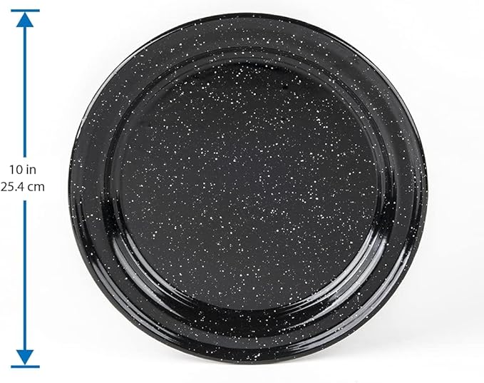 Cinsa 10-Inch Enameled Steel Dinner Plate Set, Set of 6 Dishwasher Safe Dinnerware, Rustic & Elegant - Durable for Everyday Use, Camping, Farmhouse Kitchens, Oven & Fire-Safe (Speckled Black)