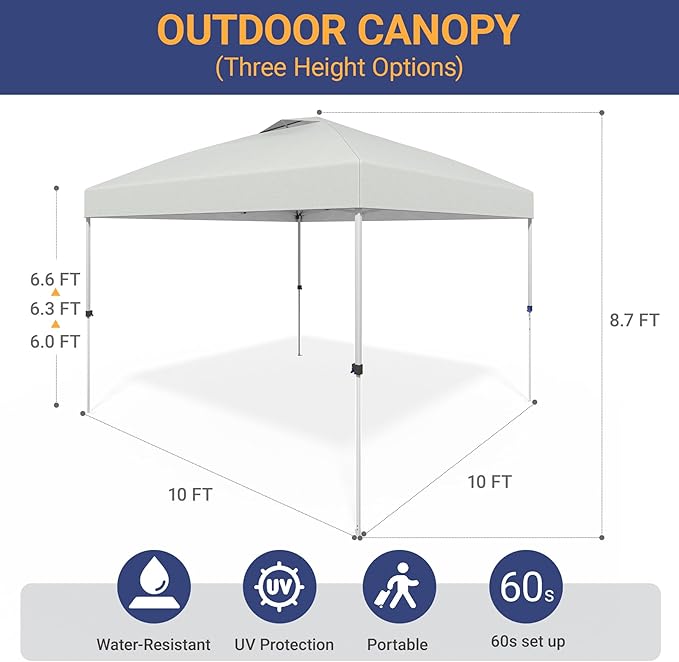 10x10 Pop Up Canopy - Instant Setup Beach Tent with Wheeled Carry Bag, 8 Sandbags & 4 Guy Lines - Portable Sun Shade for Camping, Events, Silver Coated Top, White