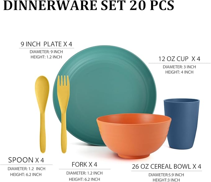 Wheat Straw Dinnerware Sets, 20 PCS Service for 4, Dishwasher & Microwave Safe Plates and Bowls Sets, Unbreakable Lightweight Outdoor Camping Dishes - Multicolor