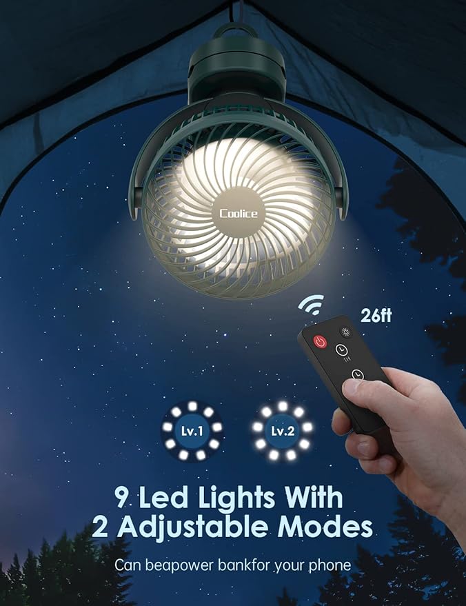Camping Fan with Remote Control - 12000mAh Rechargeable Battery Powered Fan, Camping Fans for Tents with LED light & Hanging Hook, Rechargeable Battery Operated Ceiling Fans for Tent RV Bed, Green