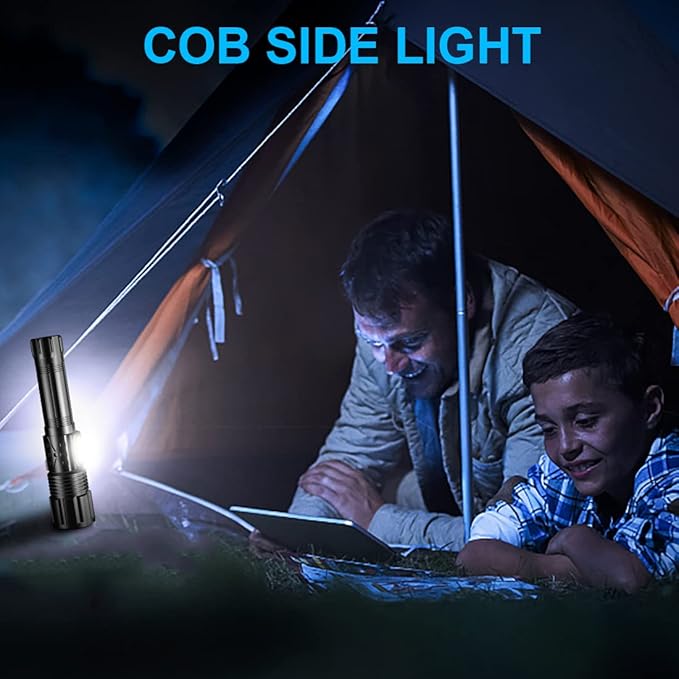 Rechargeable LED FLashlights 8000 High Lumens, Super Bright LED Tactical Flashlight with Power Display, Zoomable, with COB Light, Waterproof,Powerful Handheld Flashlight for Camping,Hiking 2 Pack