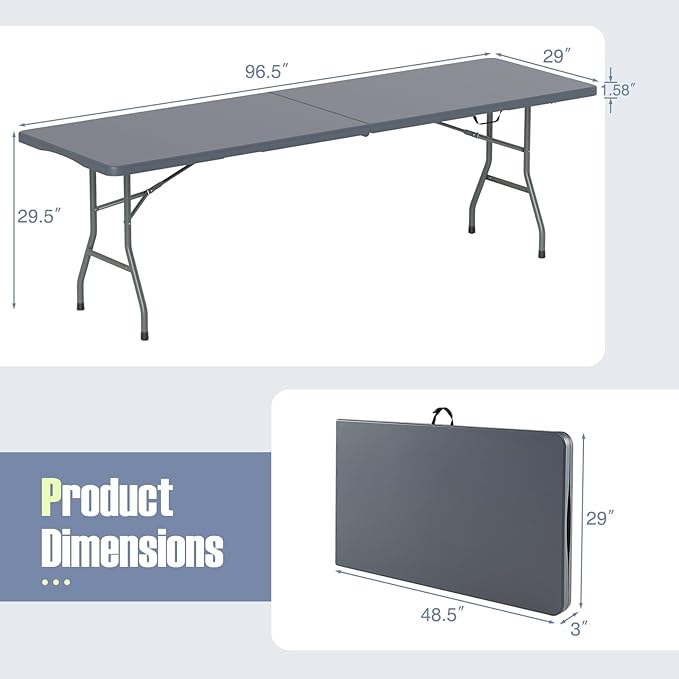 Goplus 8ft Plastic Folding Table, 350 LBS Outdoor Heavy Duty Folding Tables with HDPE Tabletop, Handle, Lock, Foldable Rectangle Portable Utility Card Table for Picnic, Party, Camping, Dining
