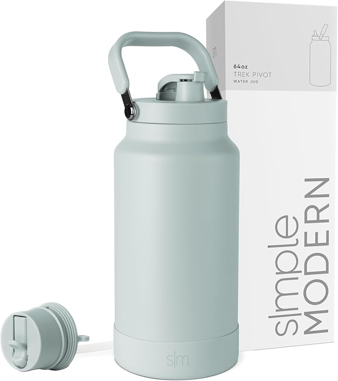 Simple Modern Trek Pivot | Half Gallon Water Bottle Jug with Handle & Boot | Interchangeable Straw & Chug Lids | Large Insulated Stainless Steel | Sports Camping Outdoors | 64oz, Sea Glass Sage