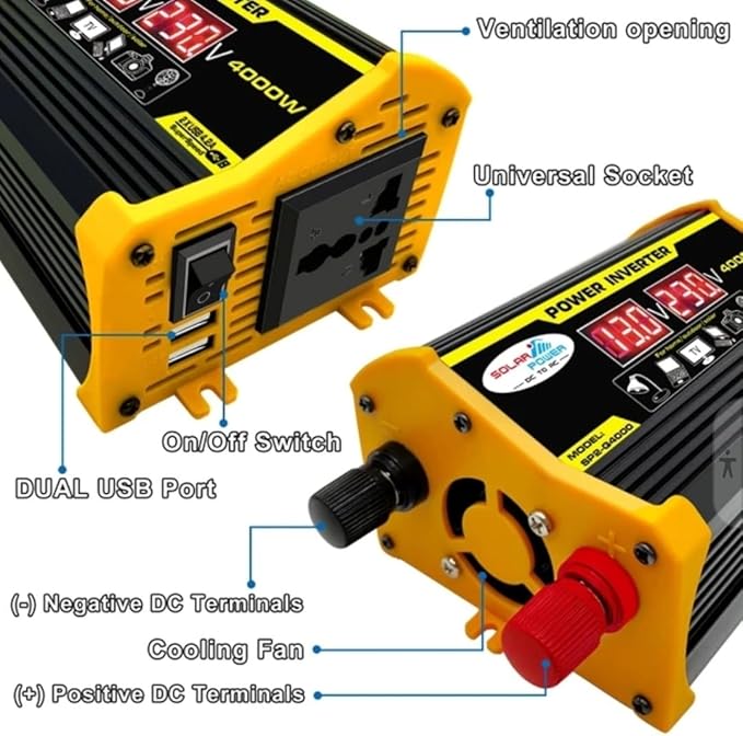 High-Power 4000W DC to AC Power Inverter – 12V to 110V/220V Converter with Dual USB Ports, Universal AC Outlet, LED Display for Cars, Trucks, RVs, and Home Backup
