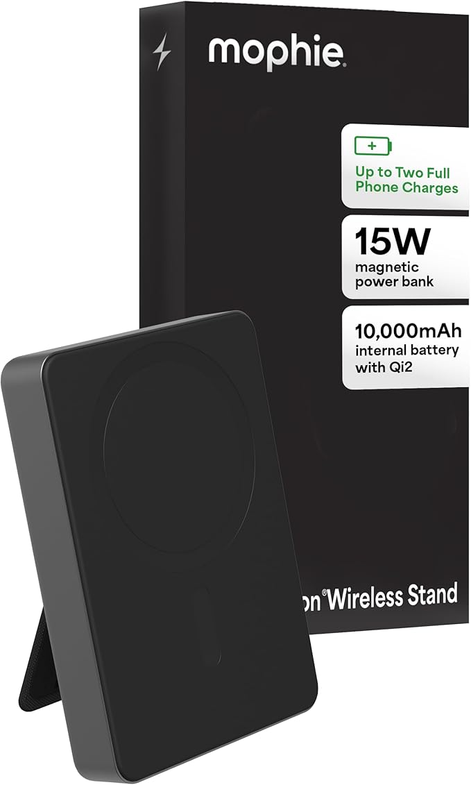 Mophie Powerstation Wireless with Stand 10,000mAh Power Bank – MagSafe Compatible, 15W Qi2-Certified, 30W USB-C PD Fast Charging, Slim Battery Pack for iPhone, Android, Travel & Airplane Use