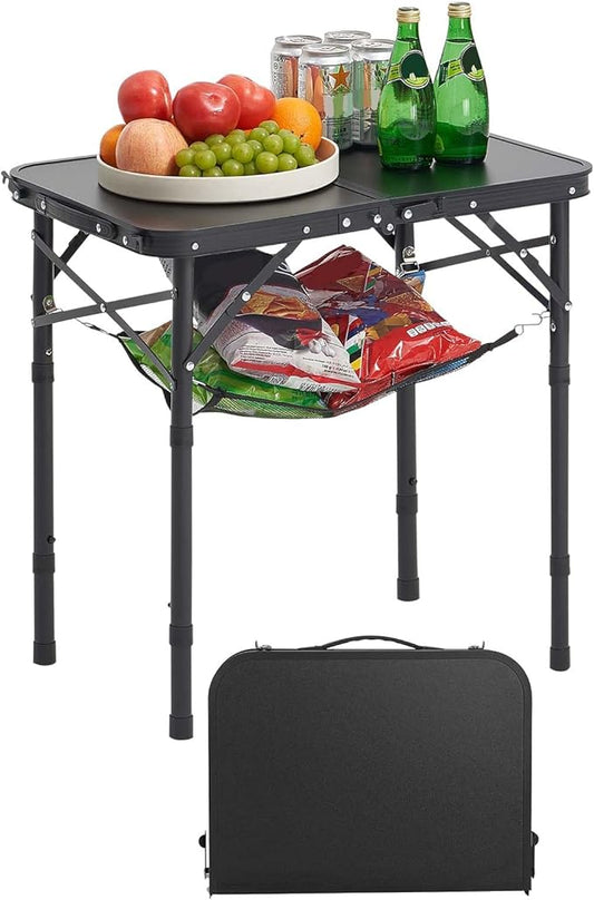 VEVOR Folding Camping Table, Adjustable Height Portable Side Tables, Aluminum MDF Beach Table with Mesh Layer, Carrying Handle, Lightweight Compact for Outdoor Picnic BBQ Cooking (24inch-Black)