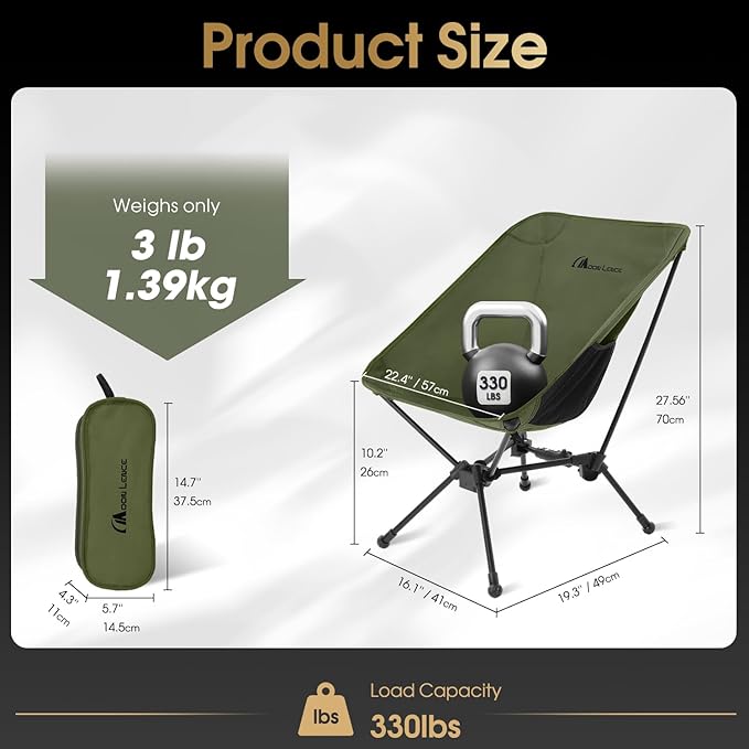 MOON LENCE Portable Snap-Lock Camping Chair, Folding Compact Chair, Lightweight Foldable Backpacking Support 330 lbs (Green)