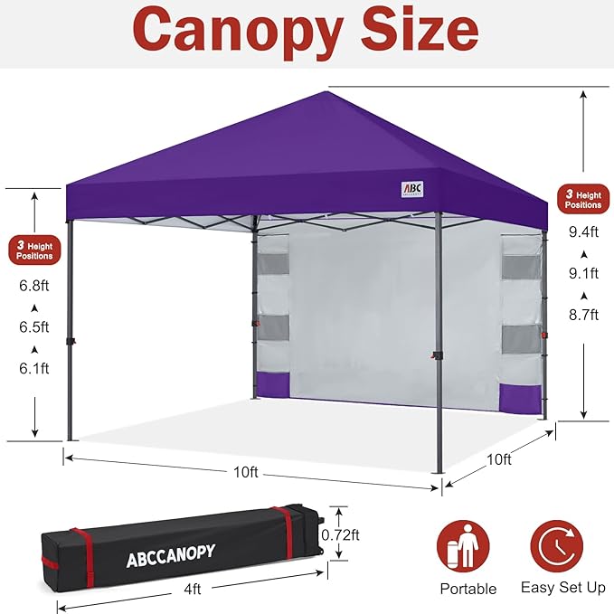 ABCCANOPY Pop Up Canopy with Sidewall,10x10 Outdoor Canopy Tent with Storage Sidewall for Commercial Events with 4 Weights (Purple)