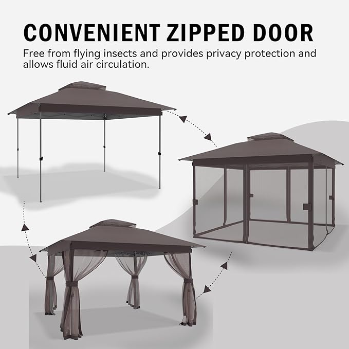 Pop Up Gazebo 11x11 - Outdoor Canopy Tent with Mosquito Netting & Wheeled Carry Bag, Double Roof Gazebos for Backyard Party Garden Wedding Camping (Brown, 11x11)