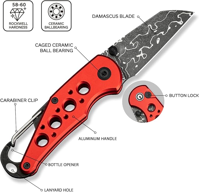 CIVIVI Pragma Folding Knife, Pocket Knife Multitool with EDC Carabiner, Bottle Opener, 2.2" Damascus Blade Aluminum Handle, Ideal Gift for Men Women C23062B-DS1 (Red)