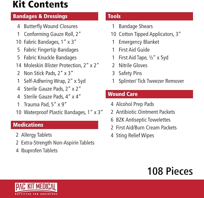 Pac-Kit Trailblazer 3 Outdoor First Aid Kit for Hiking, Camping and Outdoor Travel, 108 Pieces