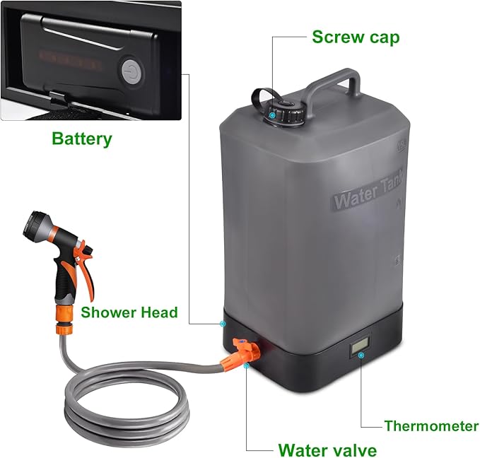 4.5 gallon/16L Silicone Water Tank,Portable Outdoor Shower,Electric Shower,8 Types of Multifunctional Shower Heads,Using Solar Heating Temperature Display,Suitable for Camping,Beach,and Hiking