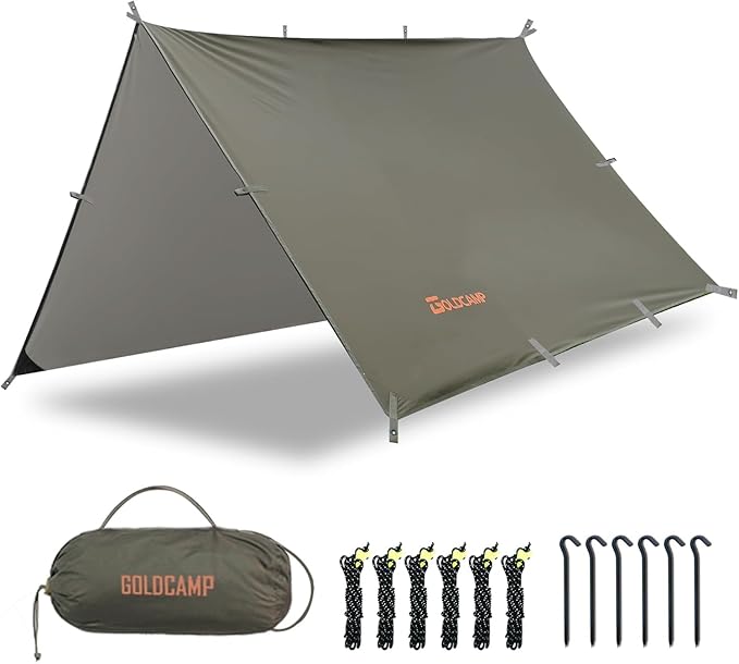 GOLDCAMP Waterproof Camping Tarp,70D Nylon 10X10FT Hammock Rain Fly ,UV 50+ and PU15000mm Tent Tarp Shelter Canopy,Heavy Duty Multifunctional Sun Shade or Rain Fly Essentials for Hiking Backpacking