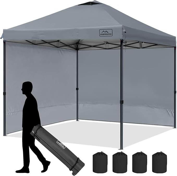 KAMPKEEPER 10x10 Pop Up Canopy Tent with 2 Sidewalls, Beach Tent - Easy Outdoor Sun Shade for Events, Parties, Camping - Gazebo with 4 Weight Bags & Carry Bag.(Grey)