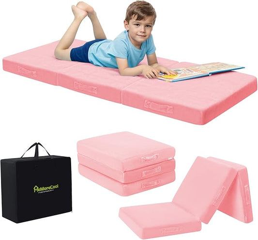 MeMoreCool Foldable Floor Mattress for Kids, Toddler Nap Mat for Daycare, Portable Trifold Futon and Floor Bed, Tri-Folding Mattress, Pink 57x22 Inch