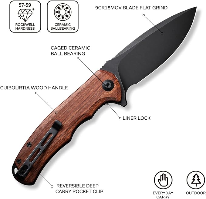 CIVIVI Folding Pocket Knife- Praxis Flipper Liner Lock Knife, 3.75" Black Stonewashed Blade with Cuibourtia Wood Handles, Reversible Clip for Everyday Carry Outdoor Use C803H