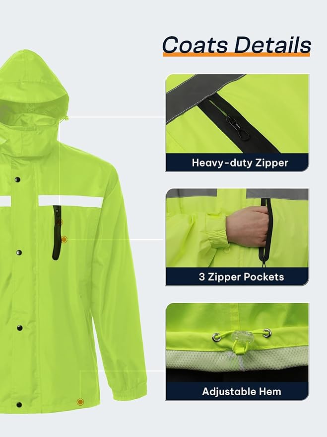 Men's Rain Suit High Visibility Reflective Work Rain Jacket Pants for All Sport Farm Fishing Motorcycle