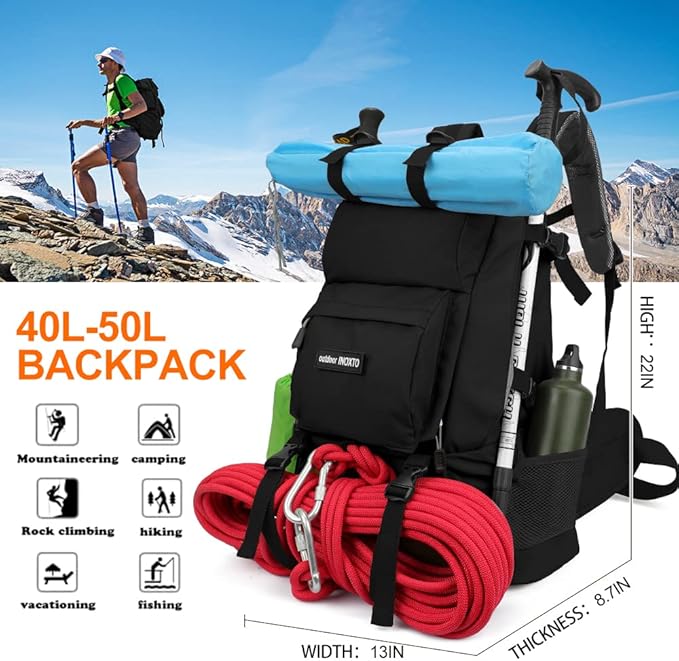 INOXTO 35L/40L Hiking Backpack, Camping Backpack with Waterproof Rain Cover for Men, Outdoor Sport Travel Daypack for Climbing (Black)